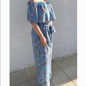 Blue and Pink Floral Crop Top and Pant Set
